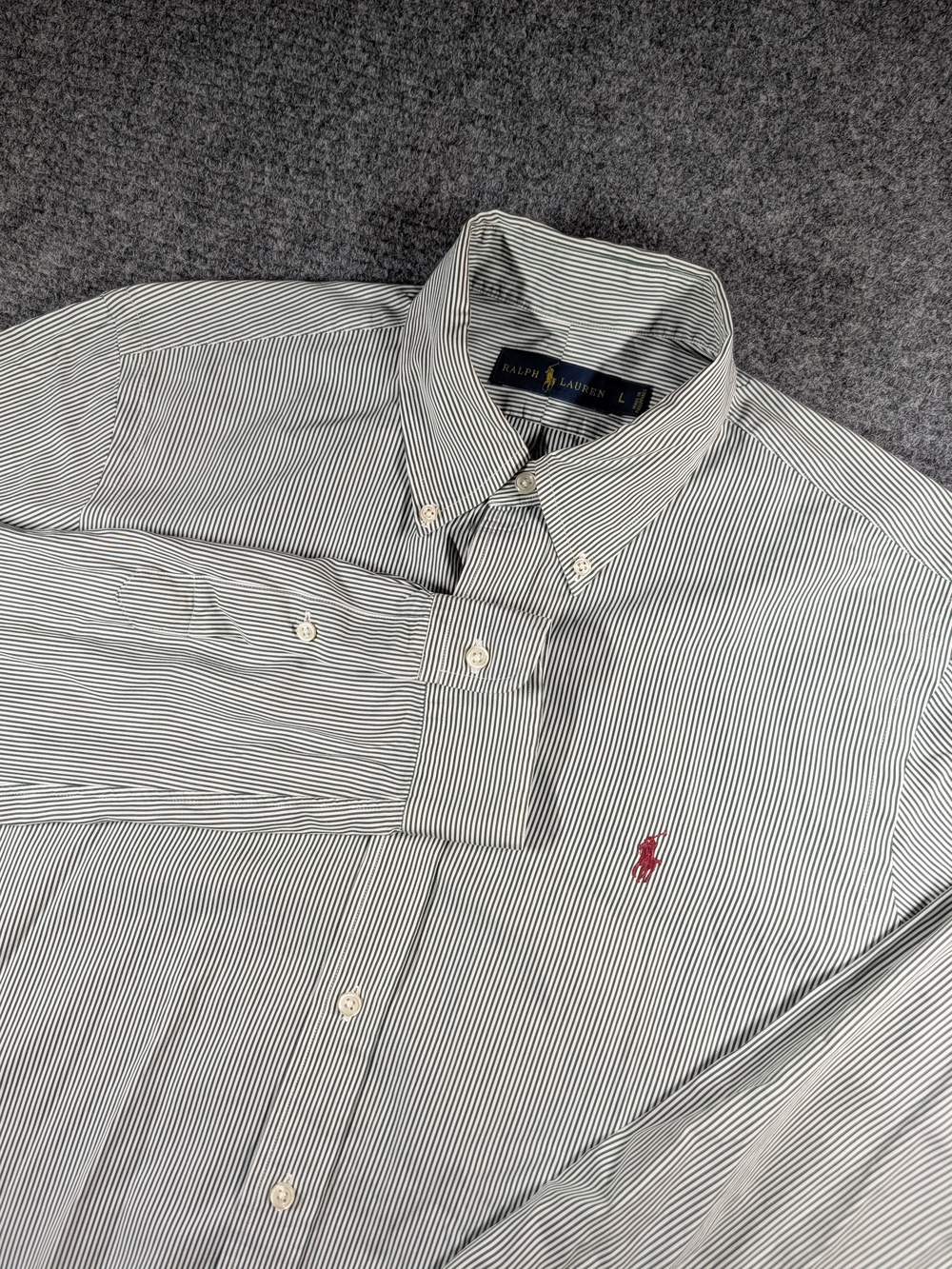 Ralph Lauren Men's L Green/White Striped Long Sleeve Button-Down Woven Cotton